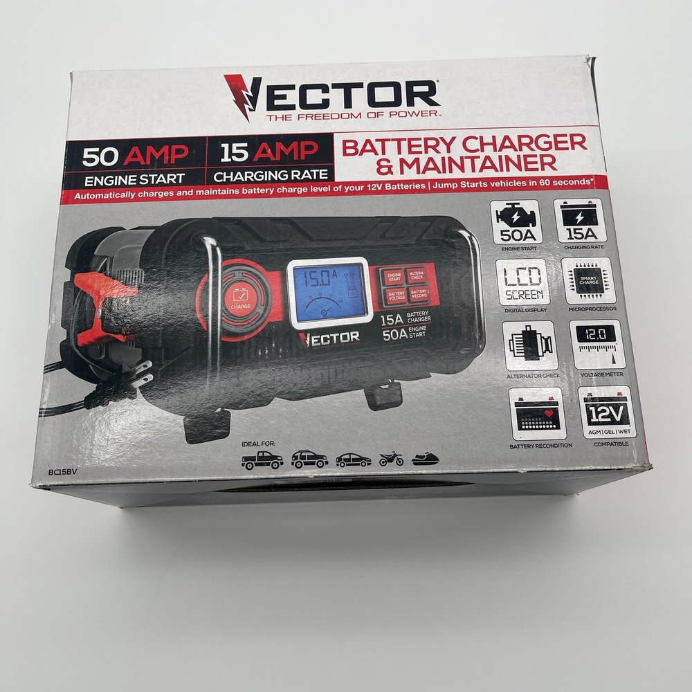 Vector BC15BV 15 Amp Automatic 12V Battery Charger & Maintainer with 50 Amp Engi